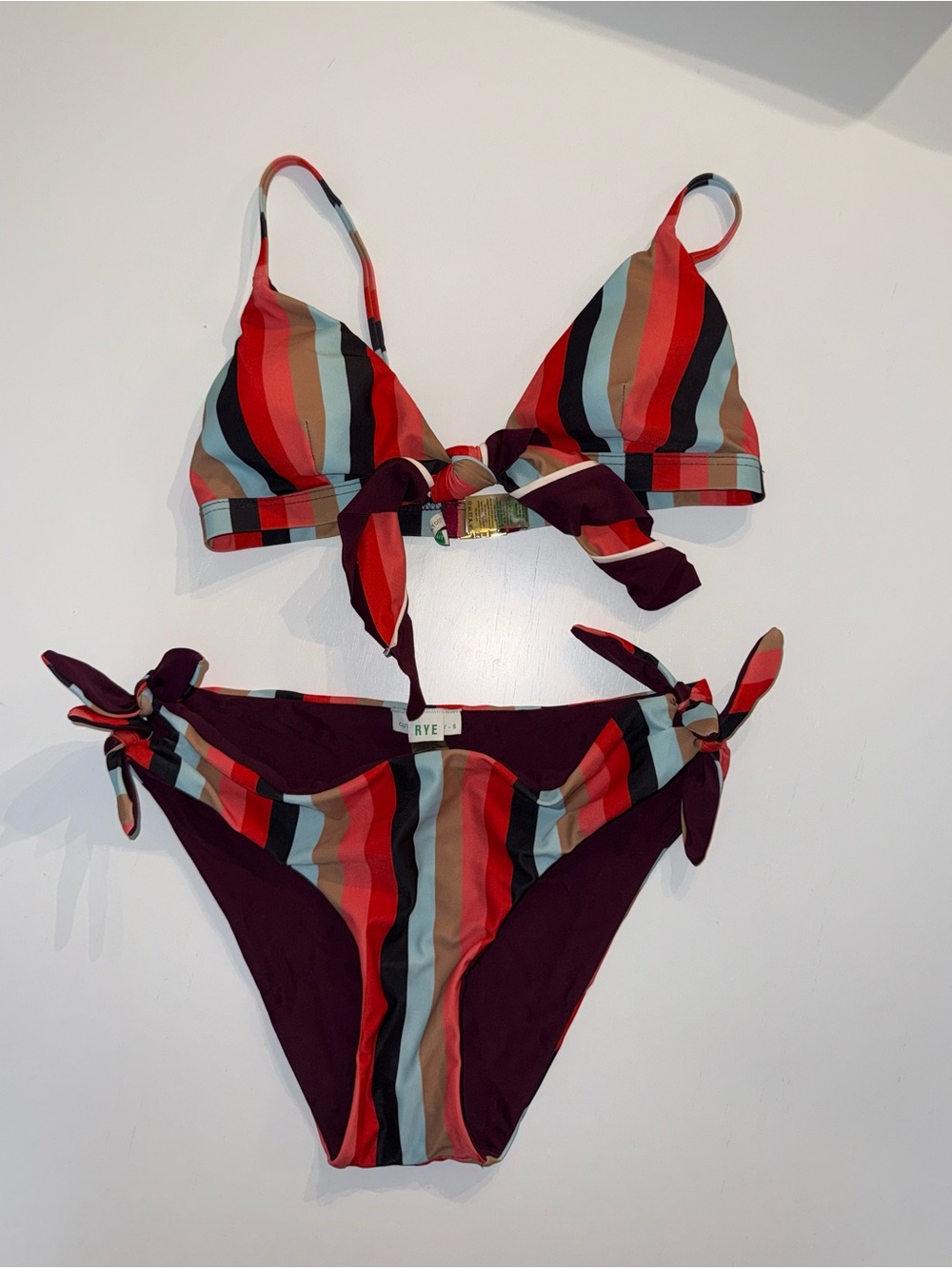 Rye Striped Tie Bikini in Red, Blue, Tan and Burgundy